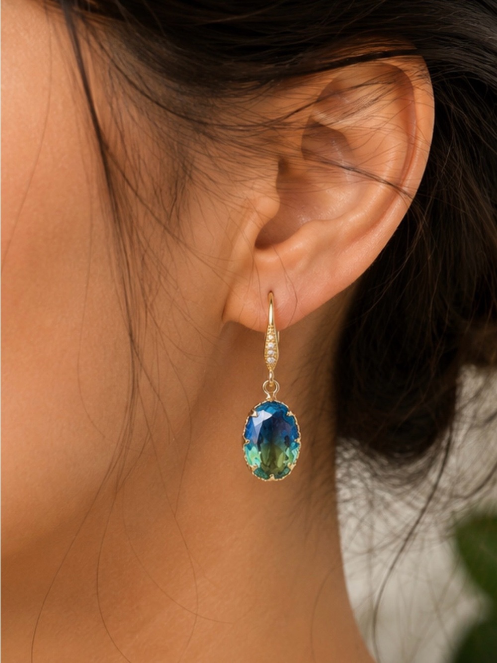 Gold Drop Earrings with Blue-Green Oval Crystal Accents